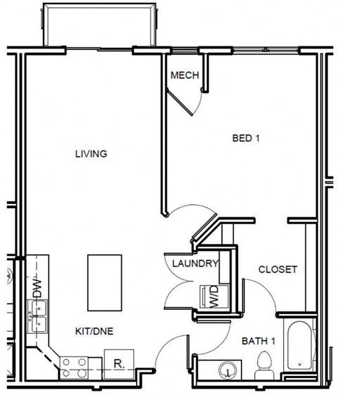 Floor plan for 1 bed, 1 bath, 801 sqft